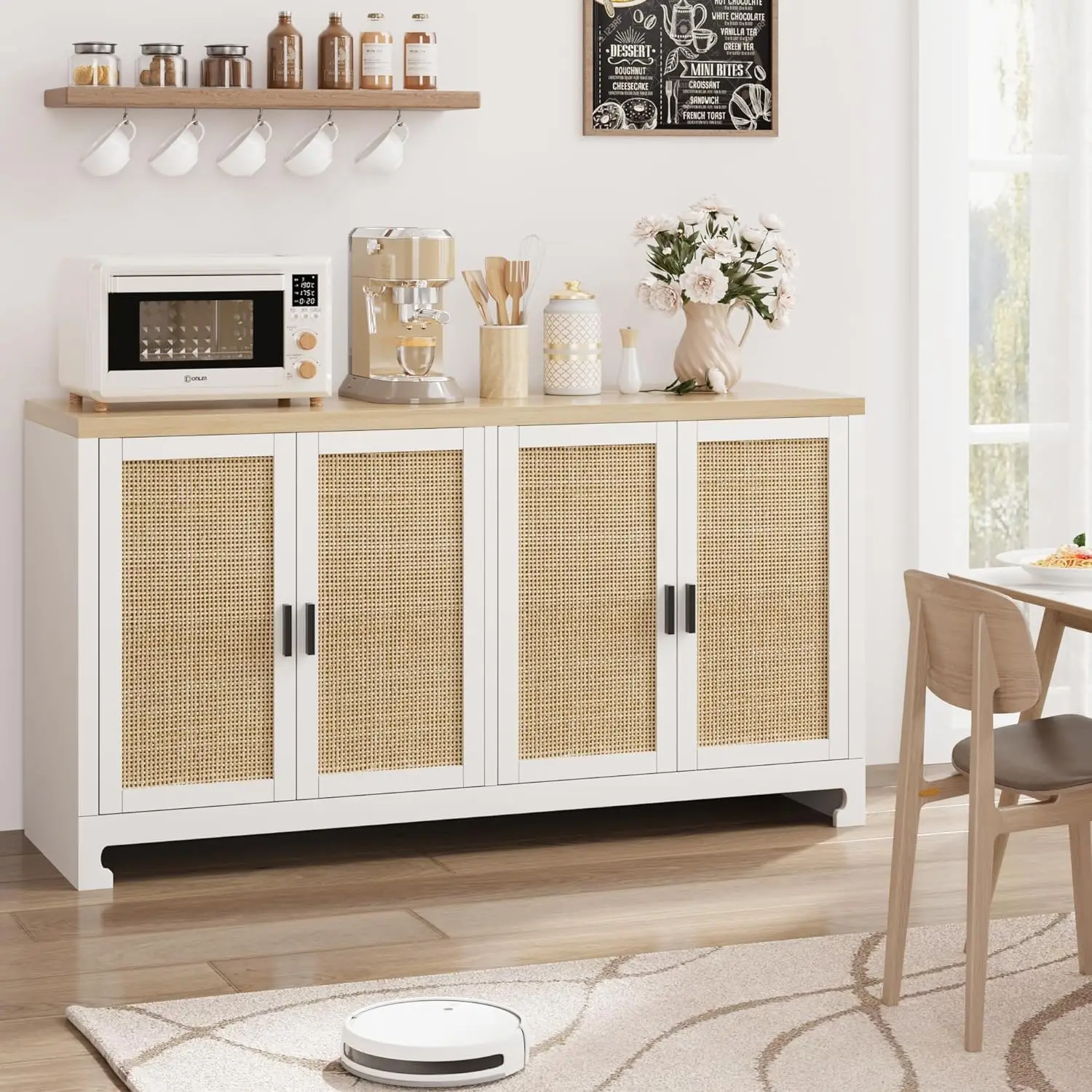 Buffet Cabinet, Rattan Storage Cabinet with 4 Doors and Shelf, Modern Console Coffee Bar Cabinet For  Home, Dining Room, Kitchen