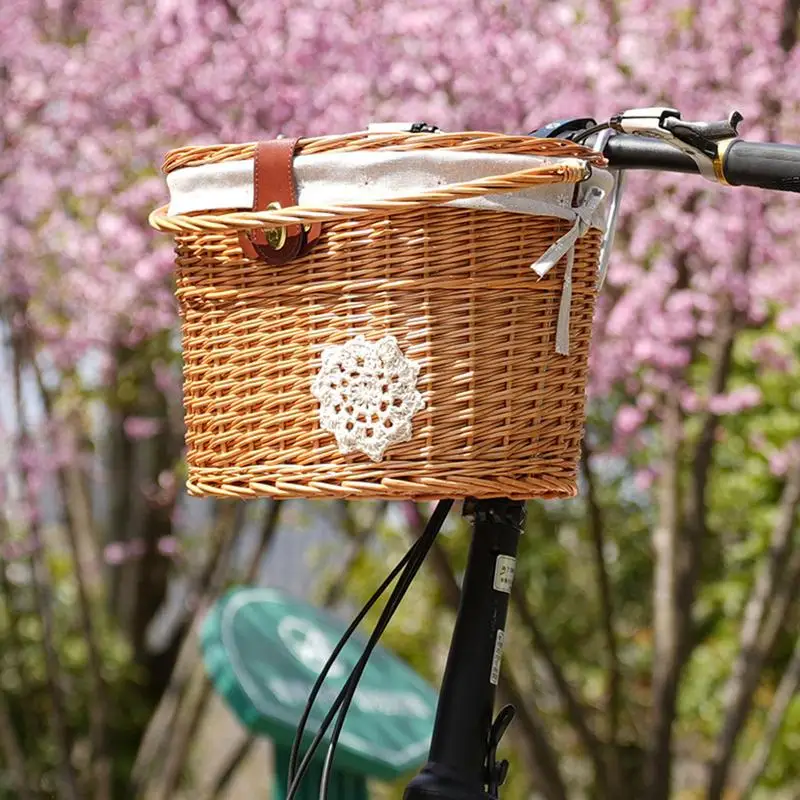 Bikes Basket Front Woven Bicycle Storage Baskets Front Basket With Liner Beach Cruiser Basket With Cover And Leather Straps For