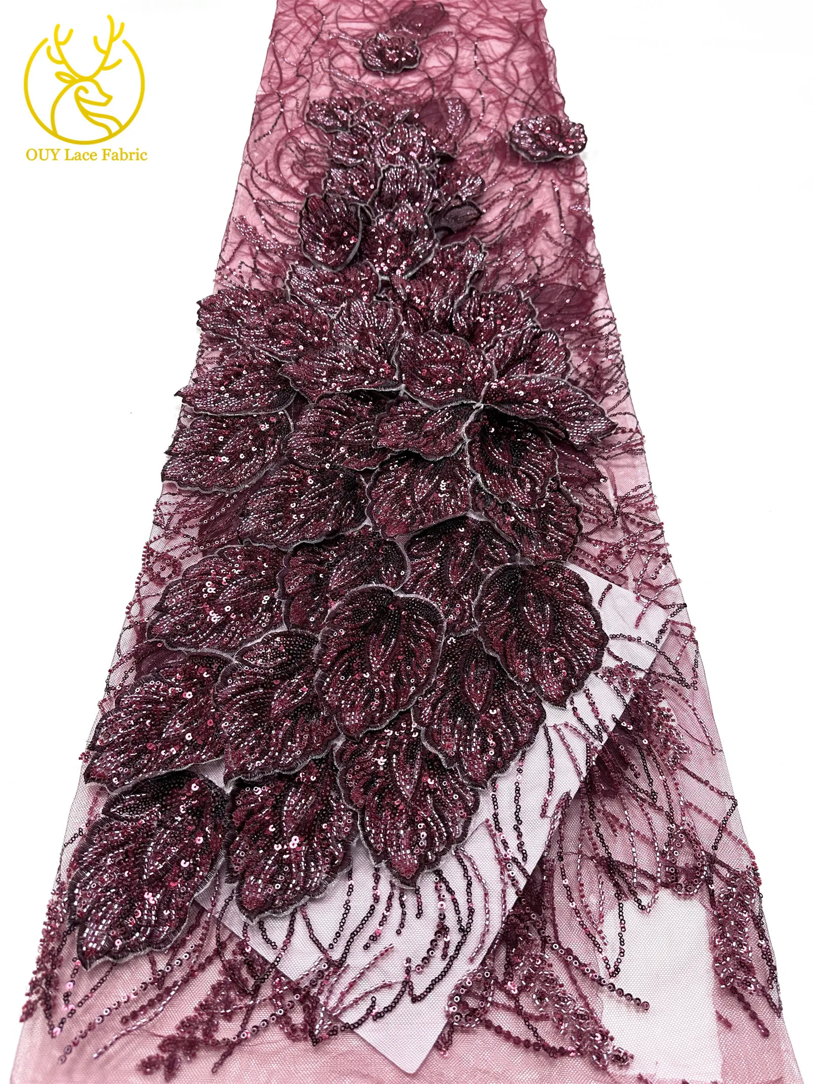 Nigerianischer 3D-Stickerei-Blatt-Spitzenstoff 5 Yards Afrikanische DIY-Stickerei Perlen-Pailletten-Spitze Tüll-Netzspitze Damen-Abendkleid – Detail 23