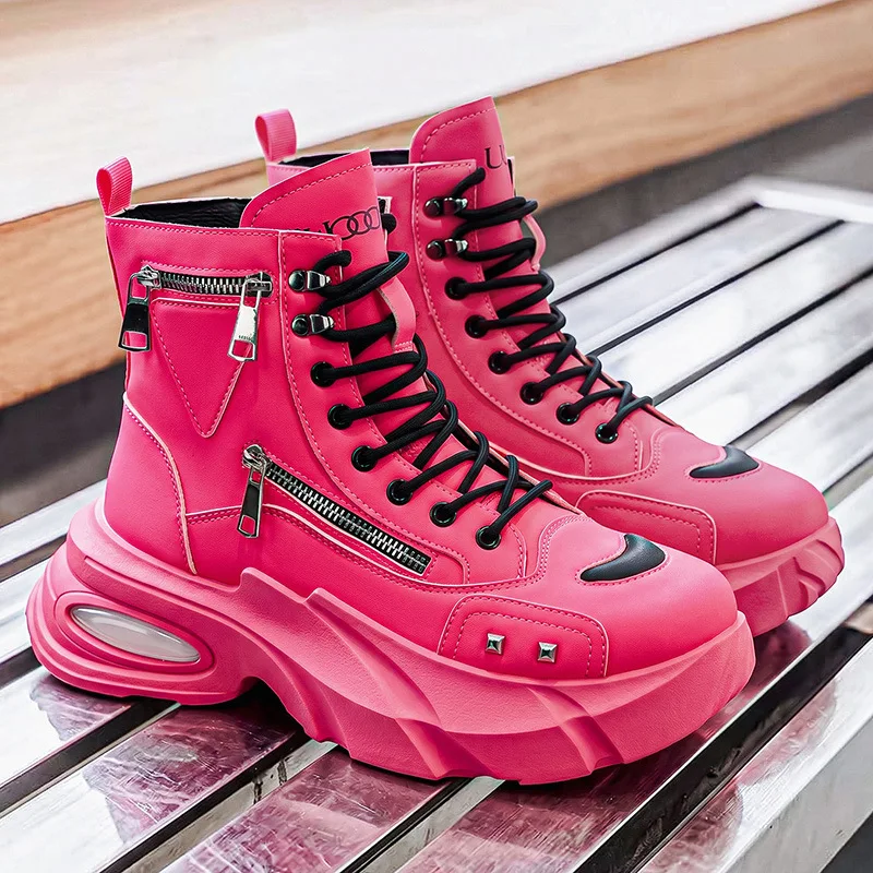 

Men's Dragon Fruit Pink High Rise Casual Boots Thick Sole High Top Sports Shoes Comfortable Short Boot for Men