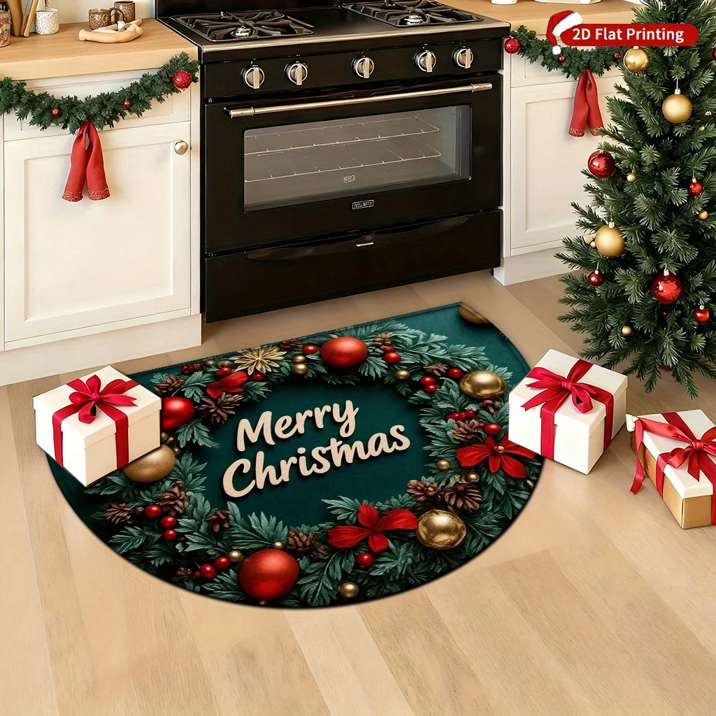 Red Background Gold Merry Christmas Script Rug For Classic Porch Playful Xmas Vibe Non Slip Decorative Floor Cover