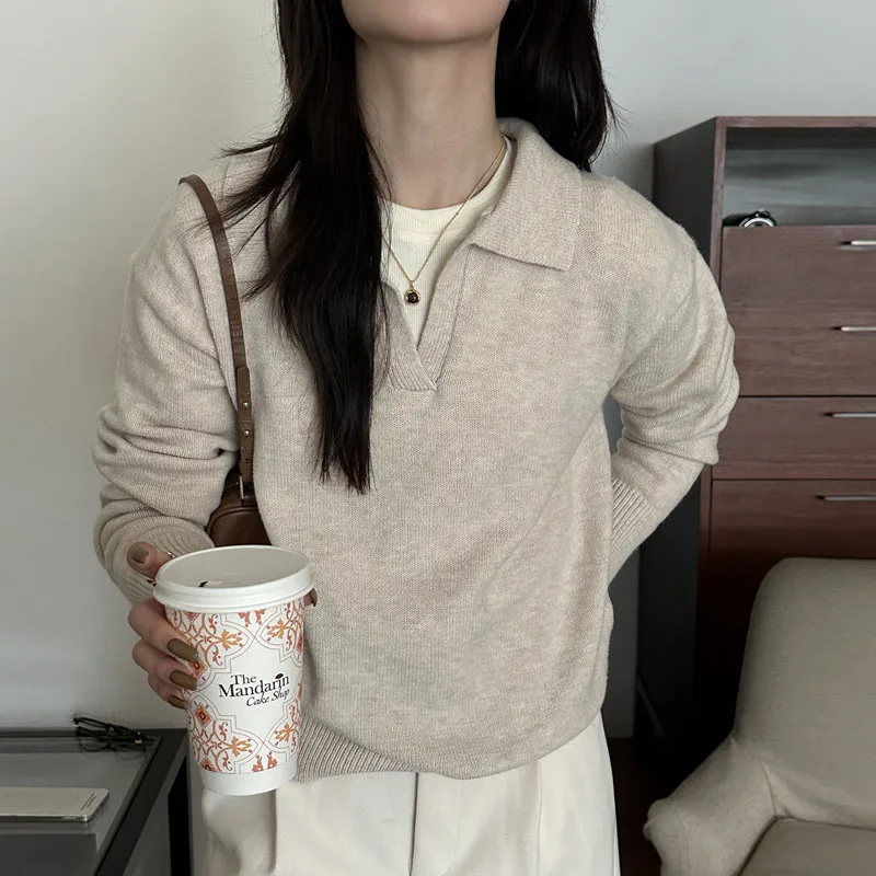 

Knitted Sweater Women Pullovers New Long Sleeve Turn Down Collar Knit Sweater Pullover Women Tops Sweaters Sueters De Mujer Q926