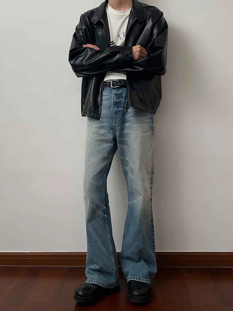 

American Style Vintage Light Blue Washed Bell Bottom Jeans 2024 New Arrival Men's Long Pants Zipper Closure mid Waist