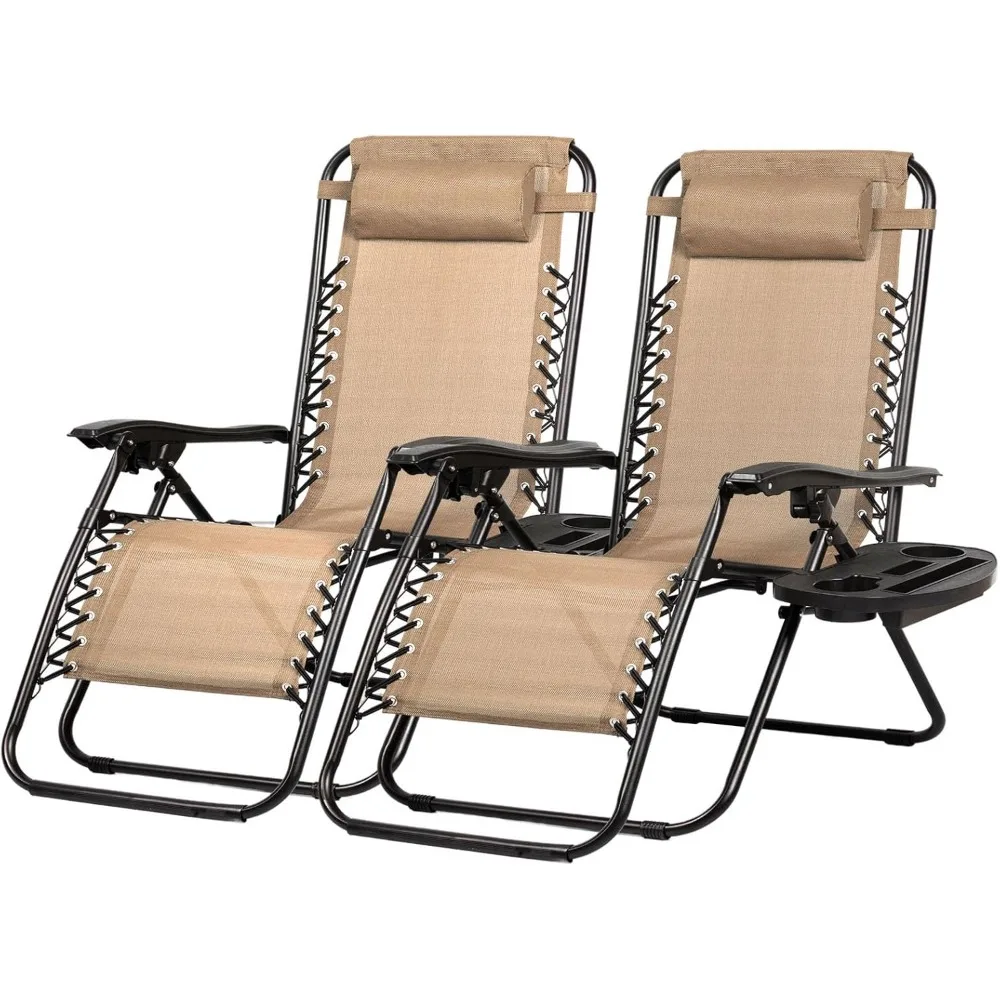 Set of 2 Relaxing Recliners Patio Chairs Adjustable Steel Mesh Zero Gravity Lounge Chair Beach Chairs with Pillow and Cup Holde