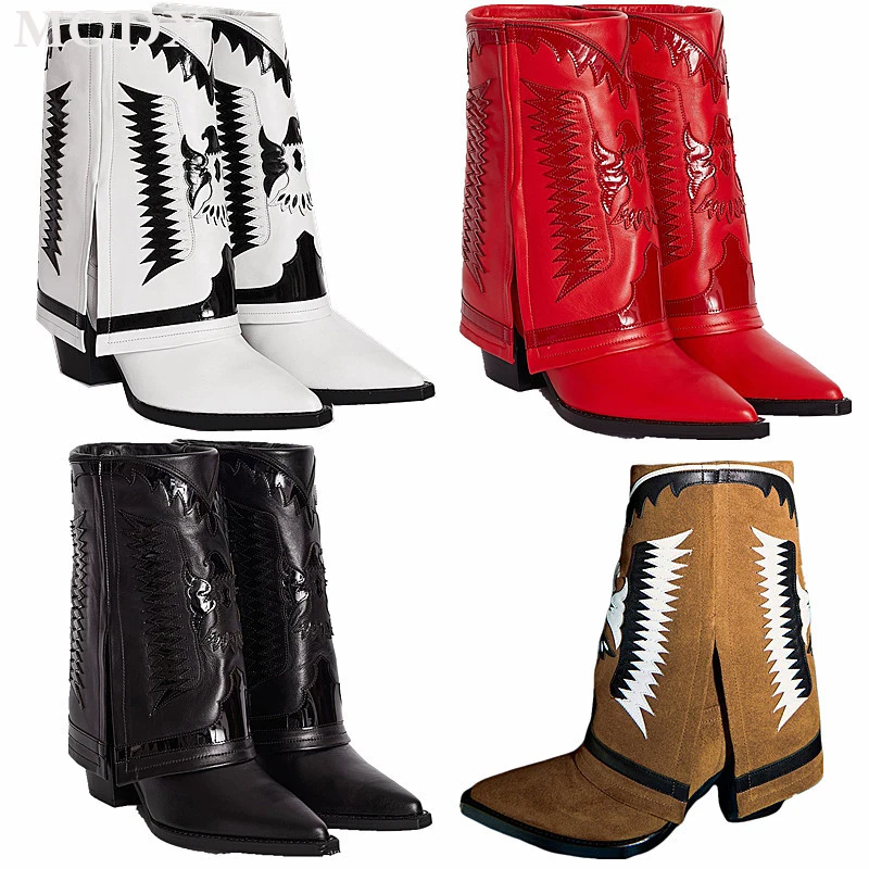 

"2024 Autumn Winter New Embroidery Thick Heel Mid-calf Boots Mixed Color Runway Big Size Western Boot Female Fashion Cowhide Sho