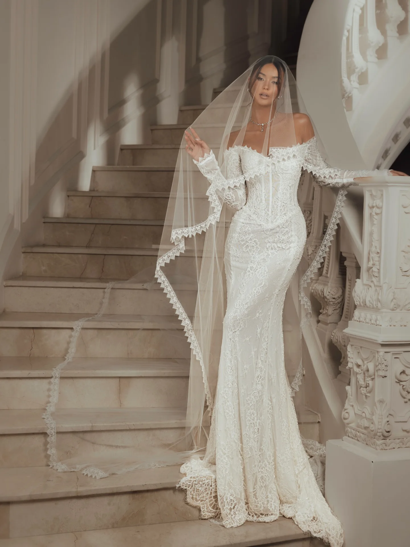 Sharon Said 2026 Luxury Off Shoulder Wedding Dress Long Sleeve Corset Mermaid Floral Lace with Veil Bride Gown SW135 Customized
