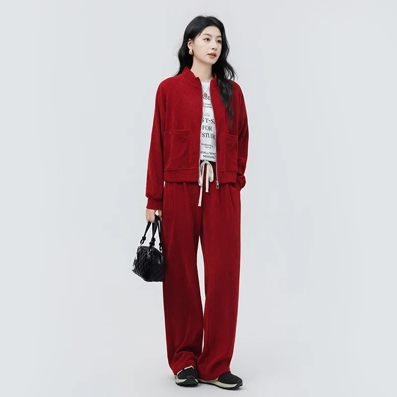 

New Women'S Sports Suit Spring Autumn Fashion Stand Up Collar Zipper Loose Casual High Waist Straight Leg Pants Two-Piece Set