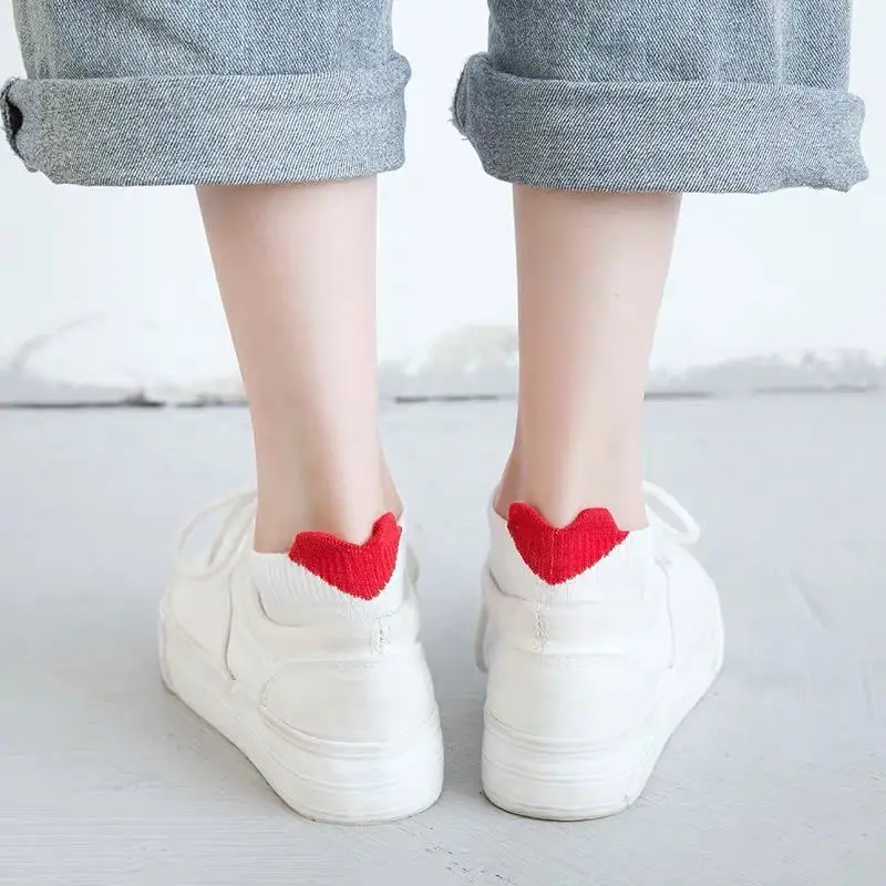 1 Pair Women Socks Cotton Summer New 3D Red Heart Cute Ankle Socks Black White Solid Lovely Socks