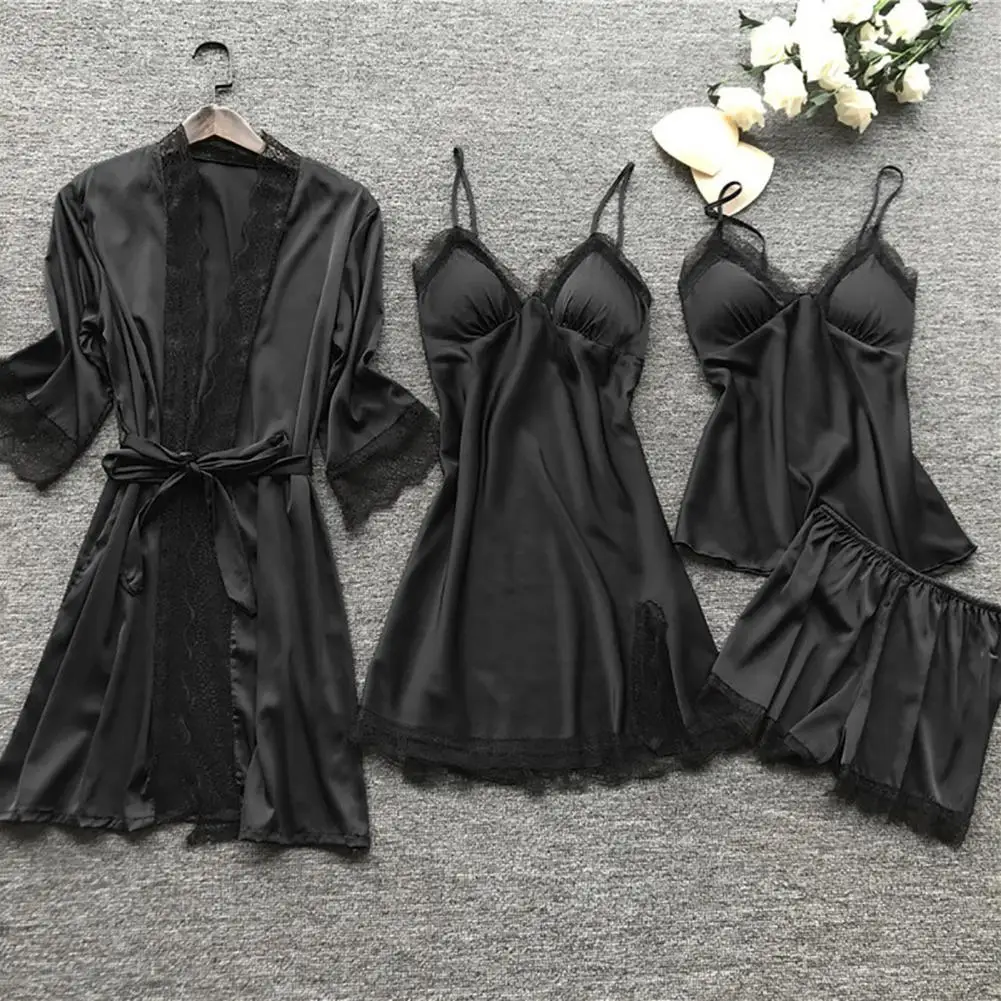 4 Pcs/Set Women Pajamas Set Silky Removable Chest Pad Lace Patchwork Sexy Split Cardigan Coat Top Dress Shorts Set for Home Wear