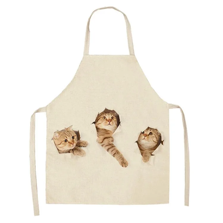 Cute cat home printed kitchen oil-proof apron women\'s apron linen cotton home cleaning bib