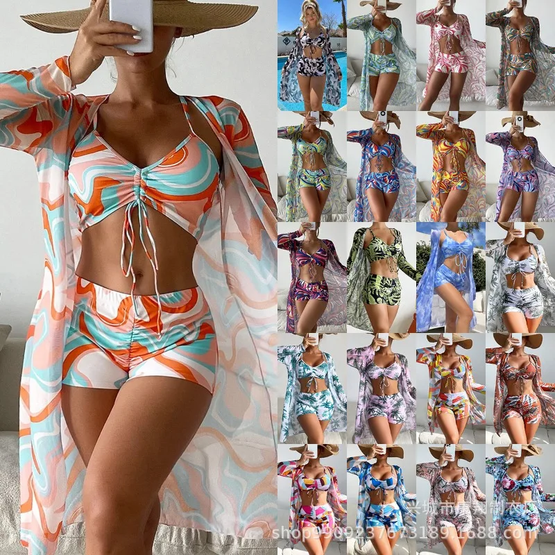 

Women's European American Bikini Set - High-Waisted Long-Sleeve Drawstring Mesh Cover-Up Three-Piece-Worthy for Beach