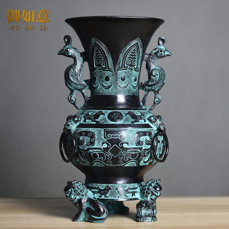 Imitation Antique Bronze Vase, China Lion Style Vases, Modern Home Decor, Beauty Of Ancient Rhyme, 28H*15CM,Metal Handicraft