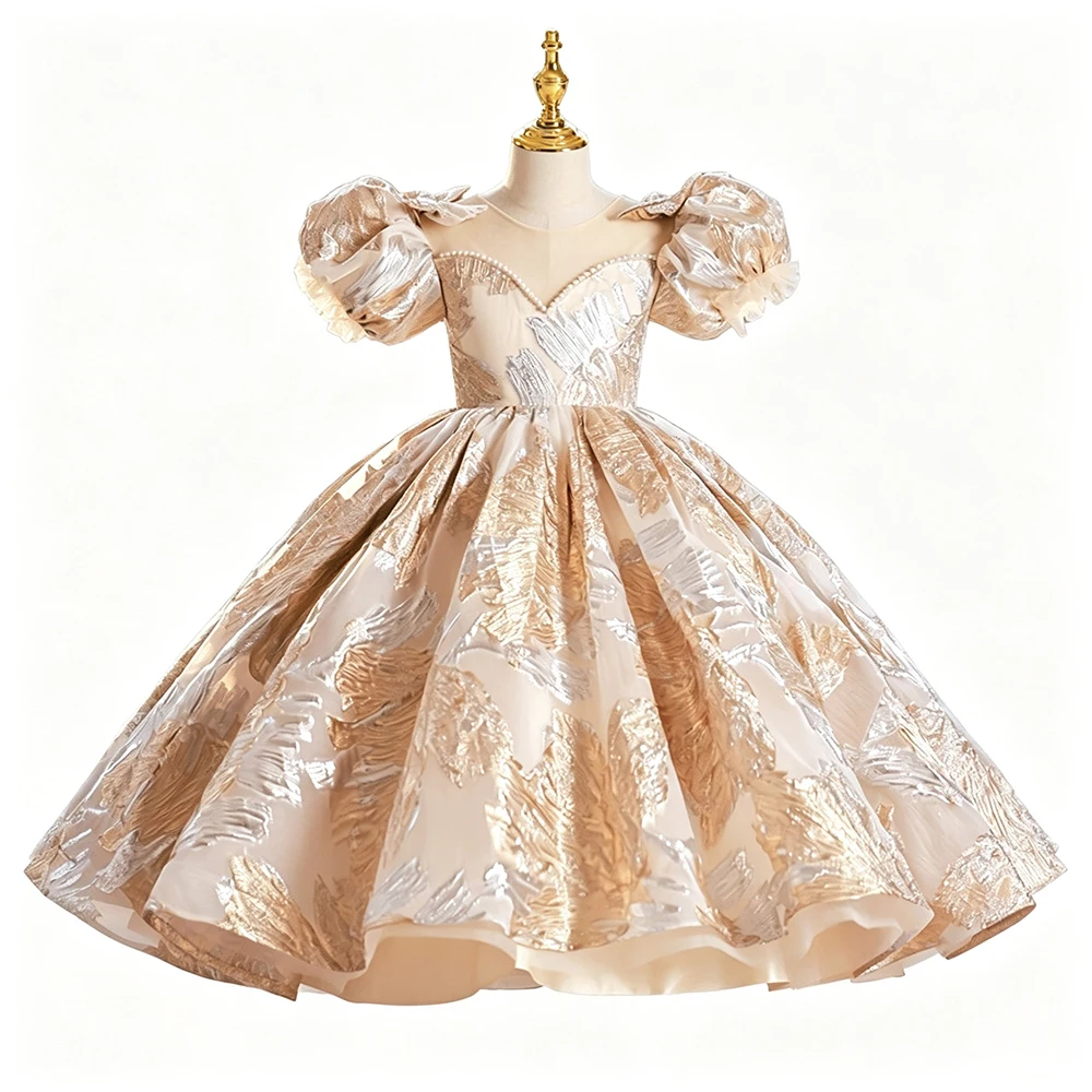 Vintage Formal Champagne Puff Short Sleeve Jacquard Pageant Evening Prom Party Ball Gown For Girls Kids Birthday Banquet Dress