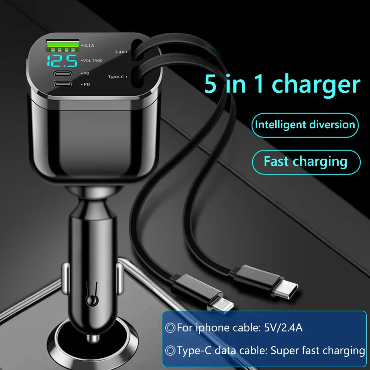 Car Cigarette Lighter Adapter Retractable USB Fast Charge Phone Charger 12V-24V Universal Car Charger for iPhone Samsung Xiaomi