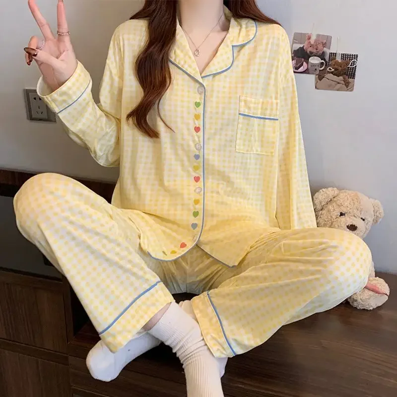 Fresh Colorful Heart Embroider Women's Pajamas Romantic Literary Two-color Plaid Lounges 2025 New Spring Milk Silk Homewear Y2k