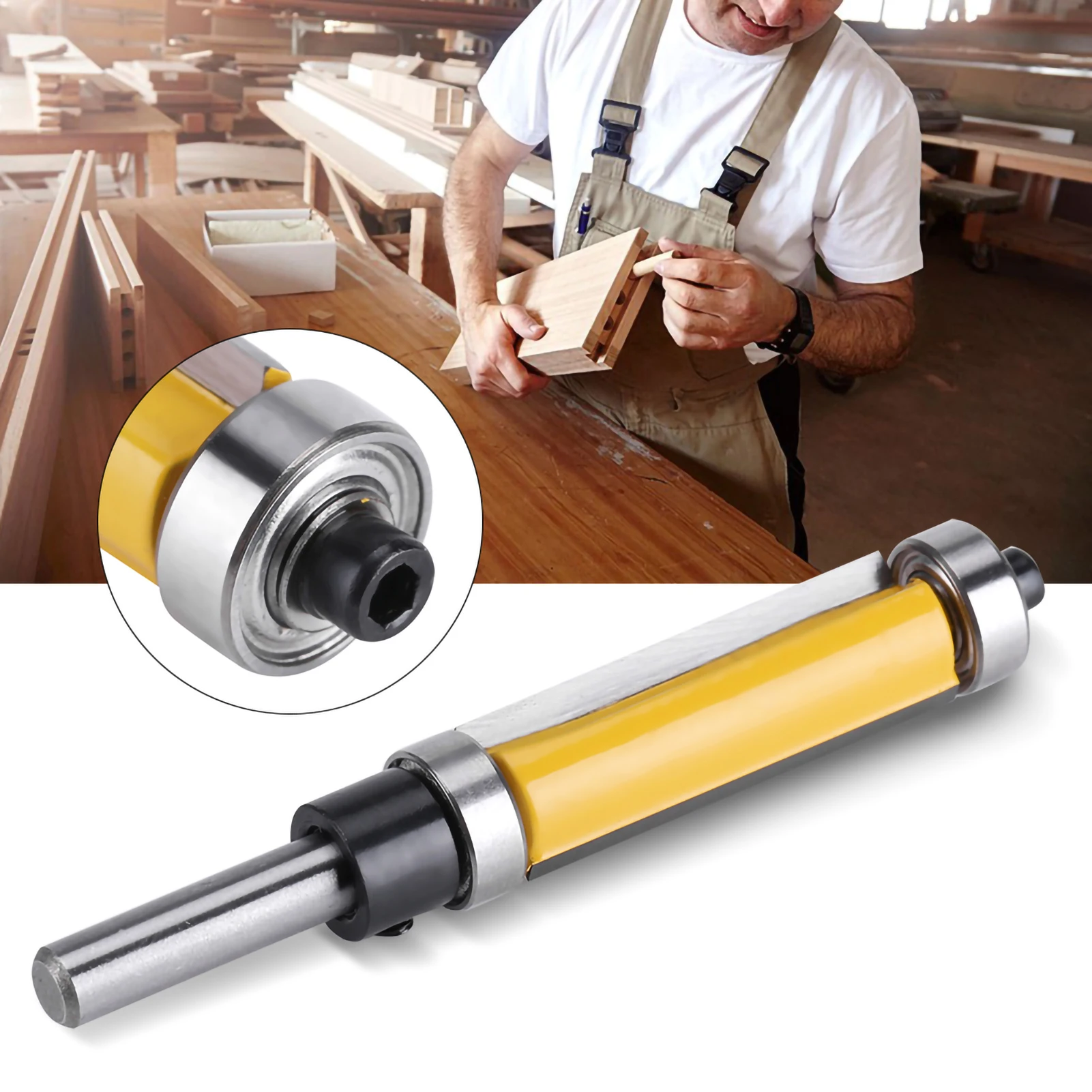 Flush Trim Router Bit With Top And Bottom Bearing 1‑1/2inch H * 1/4inch Shank Woodworking Tool