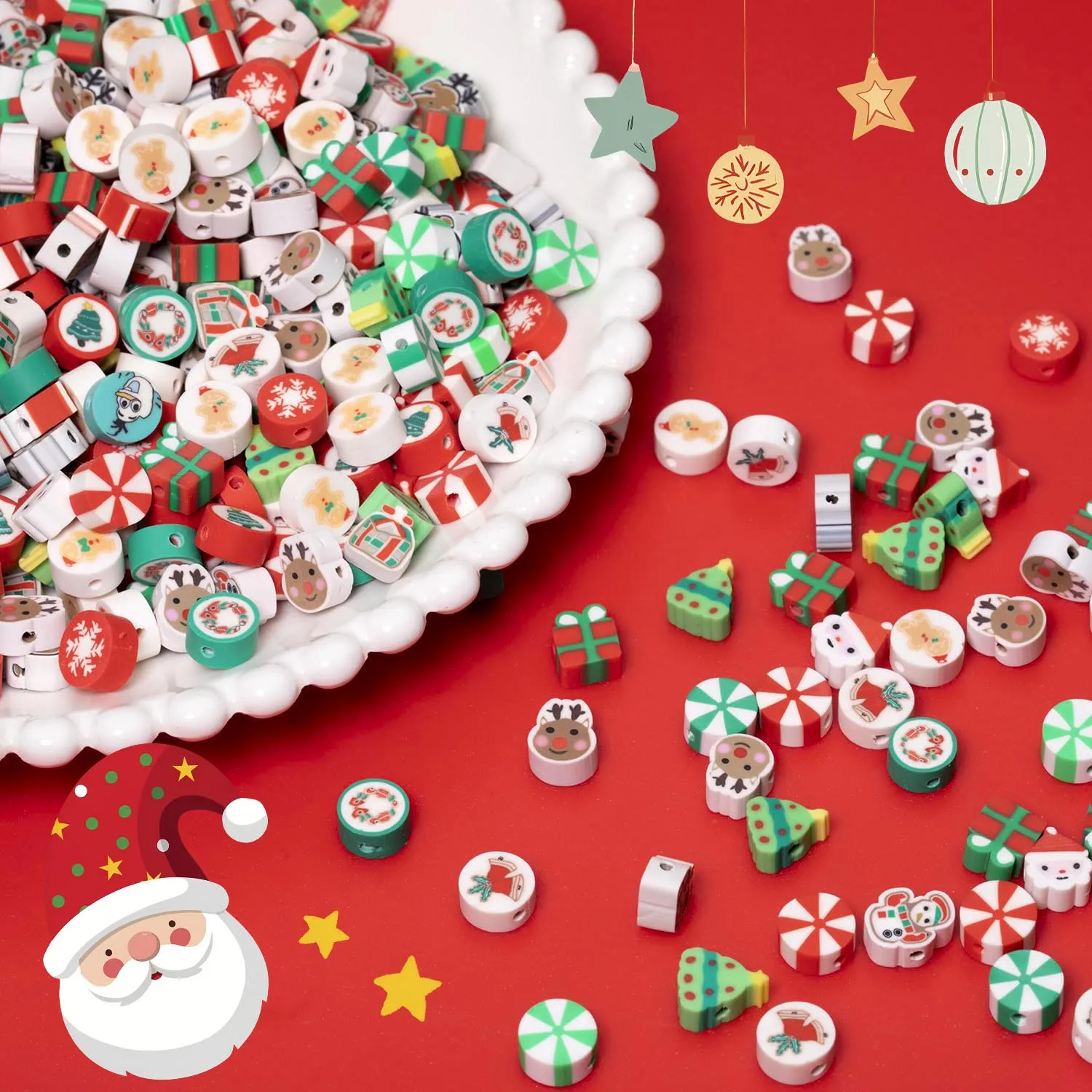 4/6mm Christmas Style Themed Pattern Polymer Clay Beads Flat Cylindrical Disc Shape Beads for DIY Bracelet Necklace Pendant