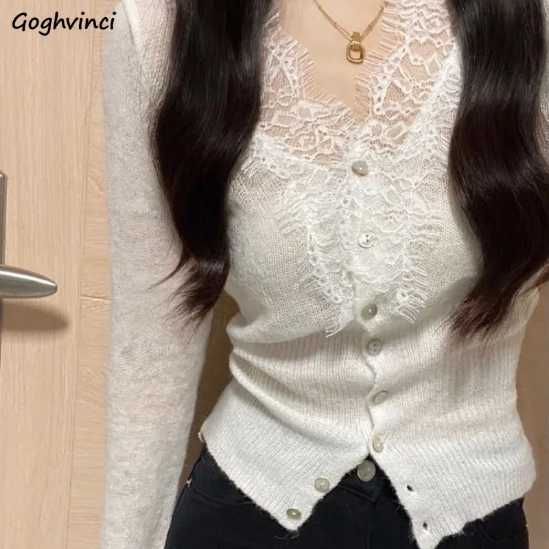 

Cardigan Women Lace Patchwork Slim Long Sleeve Sweater V-neck All-match Elegant Sexy Streetwear Knitting Newest Y2k Tops Ins