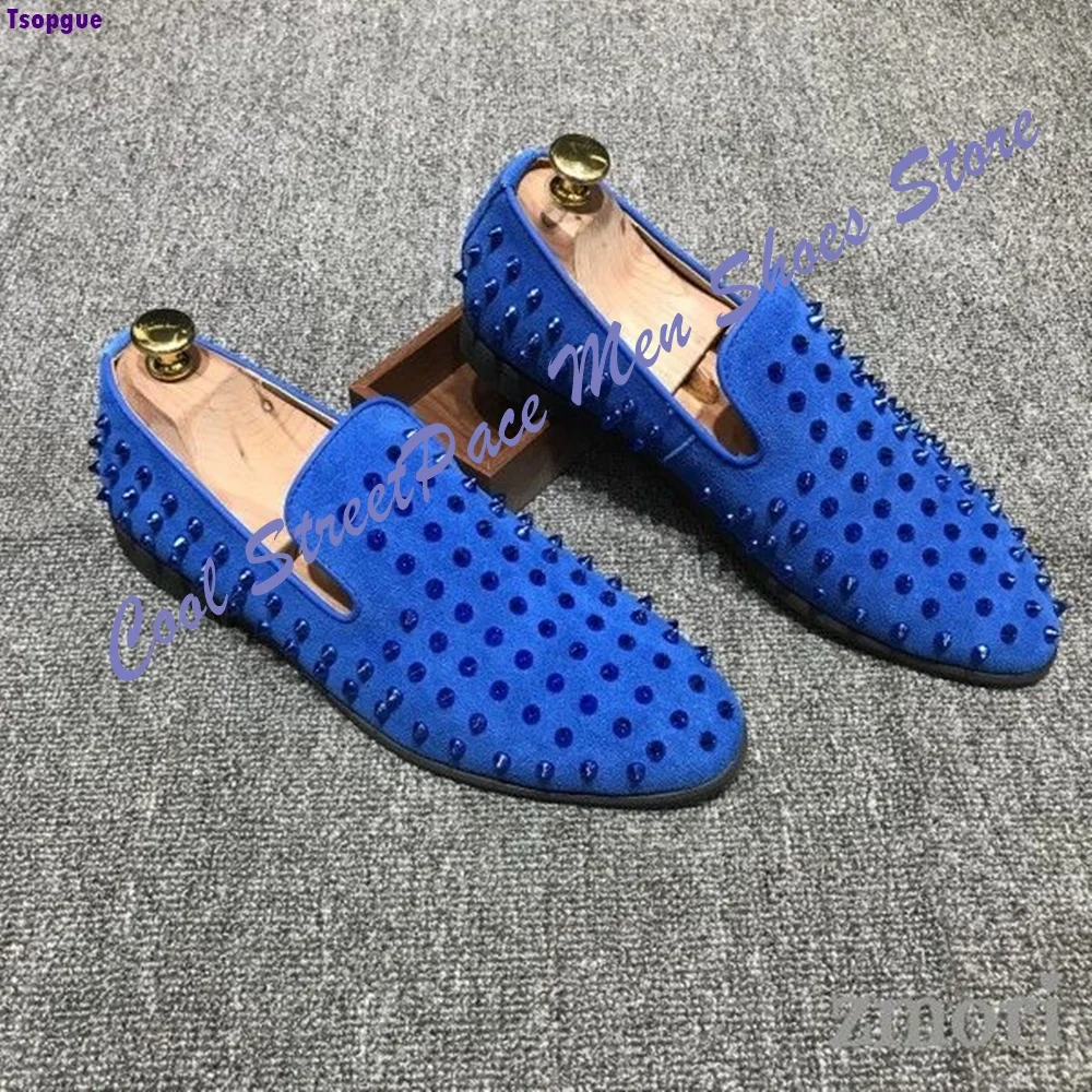 Spike Rhinestone Stud Loafers Men Royal Blue Suede Slip On Flat Low Heel Luxury Smoking Slippers Wedding Party Nightclub Vintage