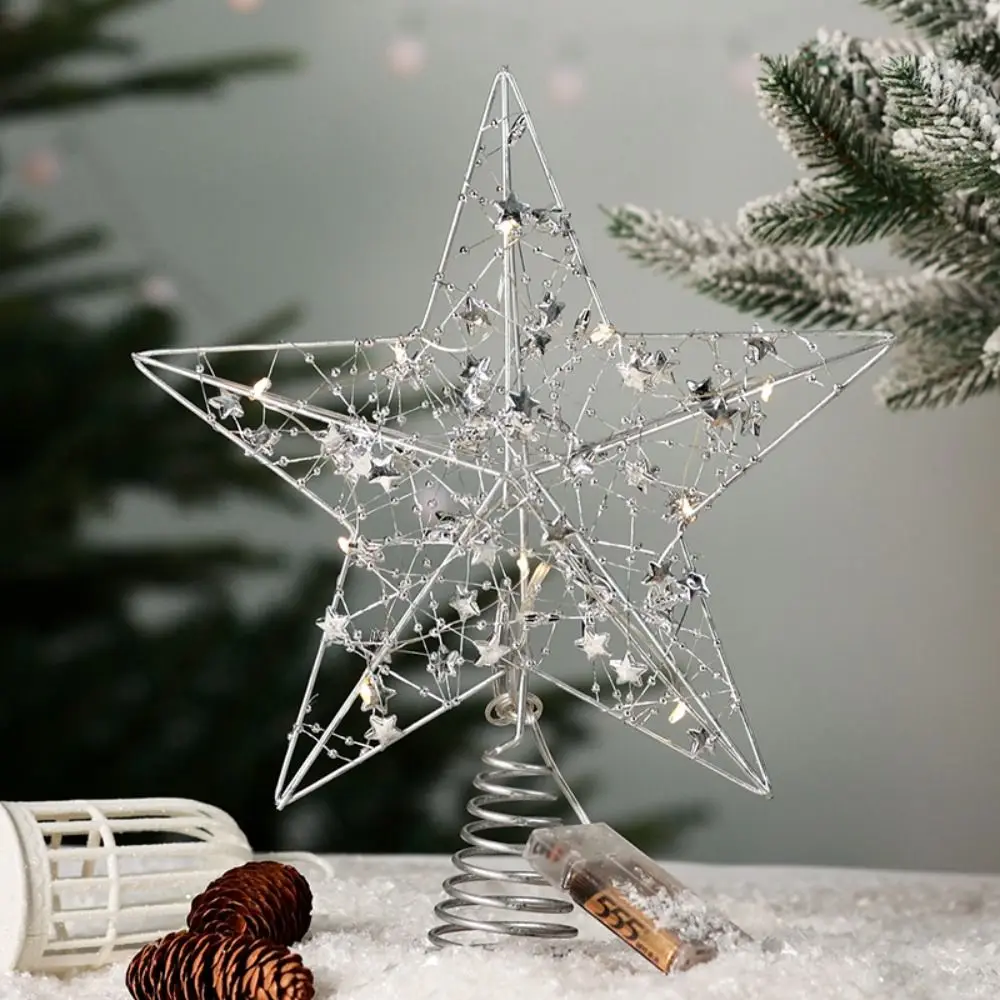 

Pearl Wire Christmas Tree Star Topper LED Light 2025 New Year Xmas Tree Ornaments Gold Iron Natal Noel LED Glowing Star Lamp