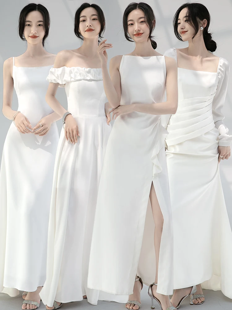 

Белое атласное вечернее платье Ele для помолвки/церемонии, летнее, новинка, А-силуэт, с длинными рукавами