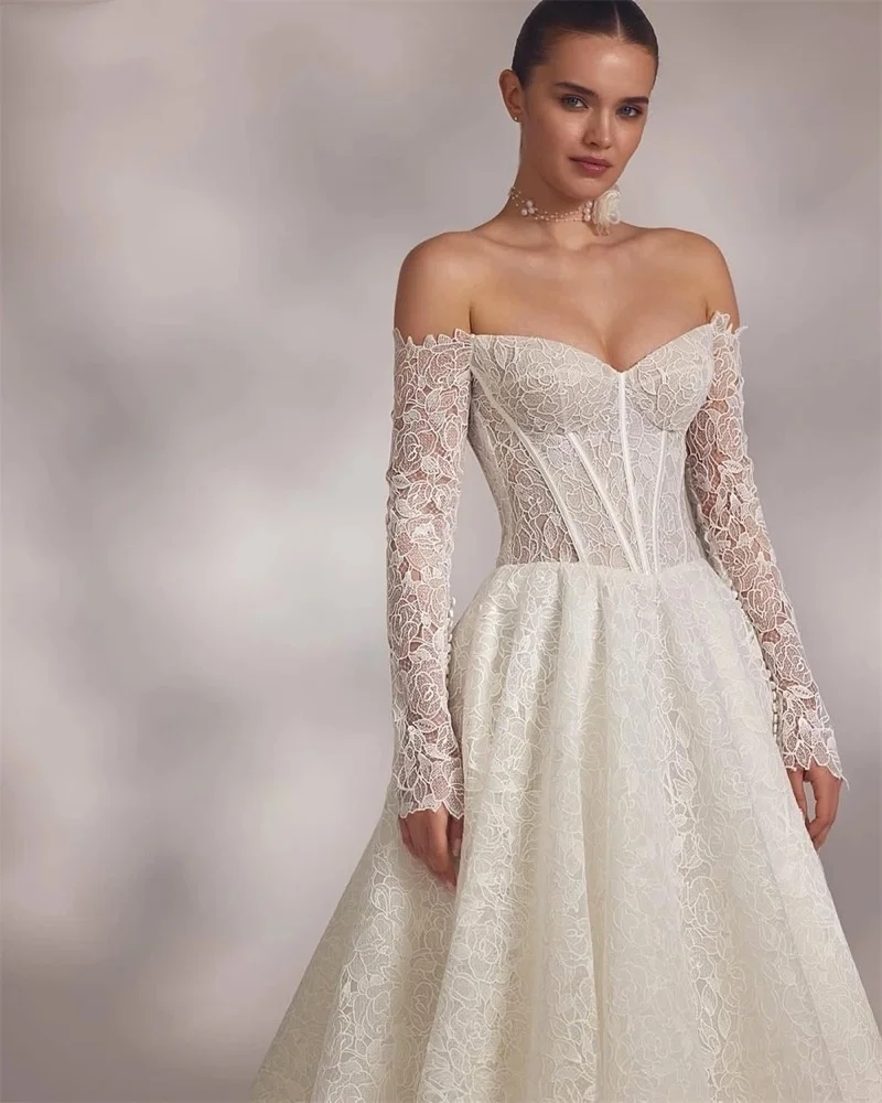 Customized Full Lace Wedding Dresses Off Shoulder Corset ALine Floor Length Bride Bridal Gown Long Sleeve Vestido De Noiva Robes