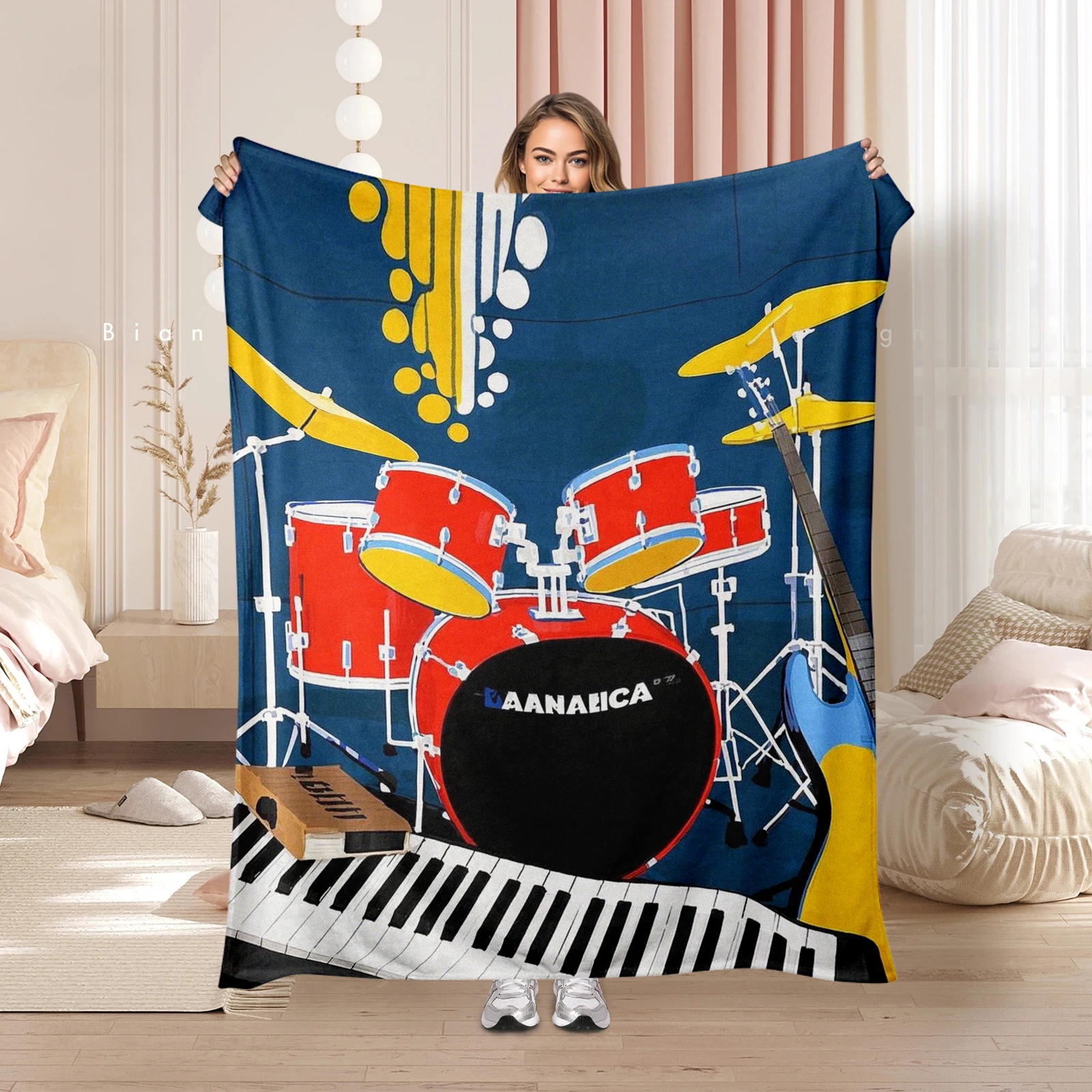 

Charming Cartoon Instruments And Drum Set Blanket Unique Gift For Family And Friends During Music Festivals