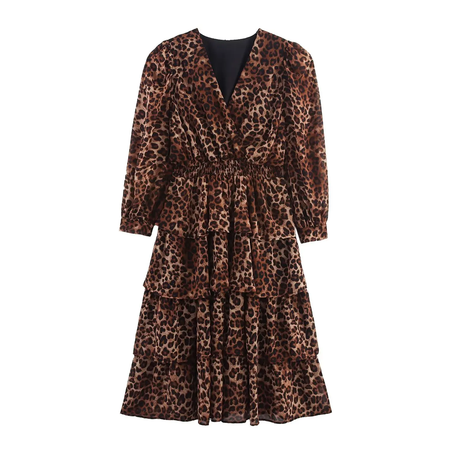 Vestido f e e casual de poliéster com estampa de leopardo, decote em V, cintura ajustada e saia em camadas esti...