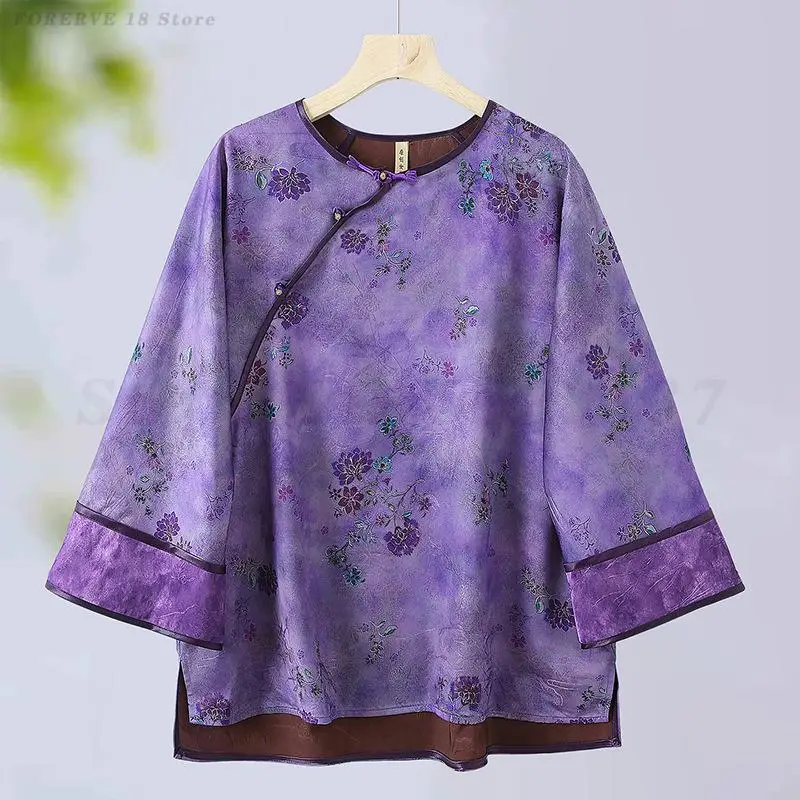 

Women's New Chinese Style Shirt Vintage Printed Round Neck Blouse Traditional Tang Suit Top Elegant Loose Long Sleeve Clothing