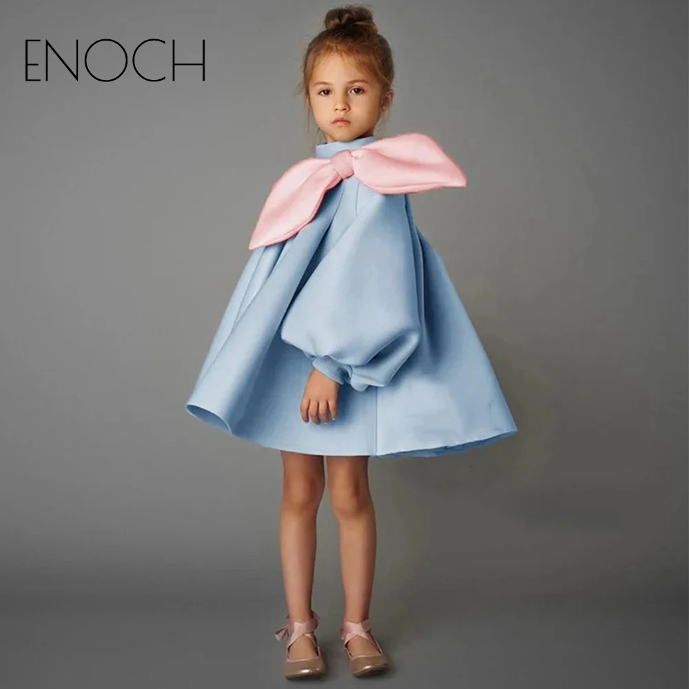 ENOCH carino collo alto Flower Girl abiti lunghi con fiocco sulla spalla bambino bambini compleanno vestito lanterna ragazze abiti personalizzati estate nuovo