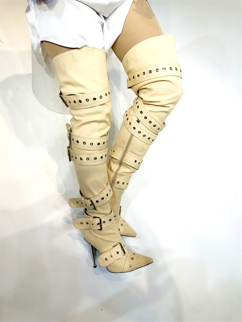 

2024 New European and American Over Knee Sexy Long Boots with Pointed Button Rivet Women's Thin High Heels Large Shoes 43