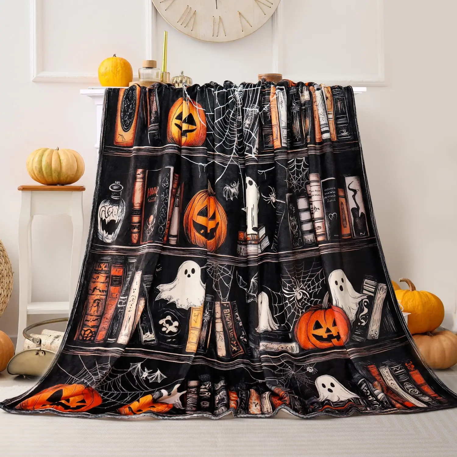 Halloween Blanket Gothic Ghost Bookshelf Throw Blanket for Book Lovers Pumpkin Spider Web Fleece Throw Blankets Super Soft Warm Cozy Flannel Blankets for Couch Sofa Bed 50
