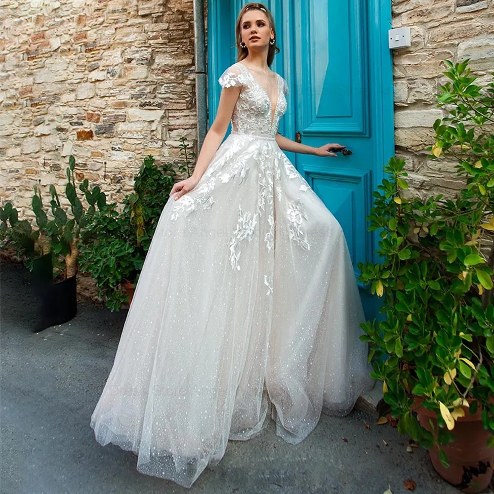 

ANGEL Deep V-Neck Lace Wedding Dress 2024 Short Cap Sleeve Shining Tulle Custom Made Boho Appliqued Beading Pearls Bridal Gowns