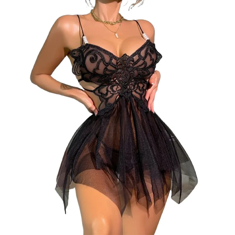 

Sexy Thin And Alluring Nightdress See-through Mesh Lace Beaded Chain Suspender Transparent Mesh Sleepwear Dress Elegant FZUI