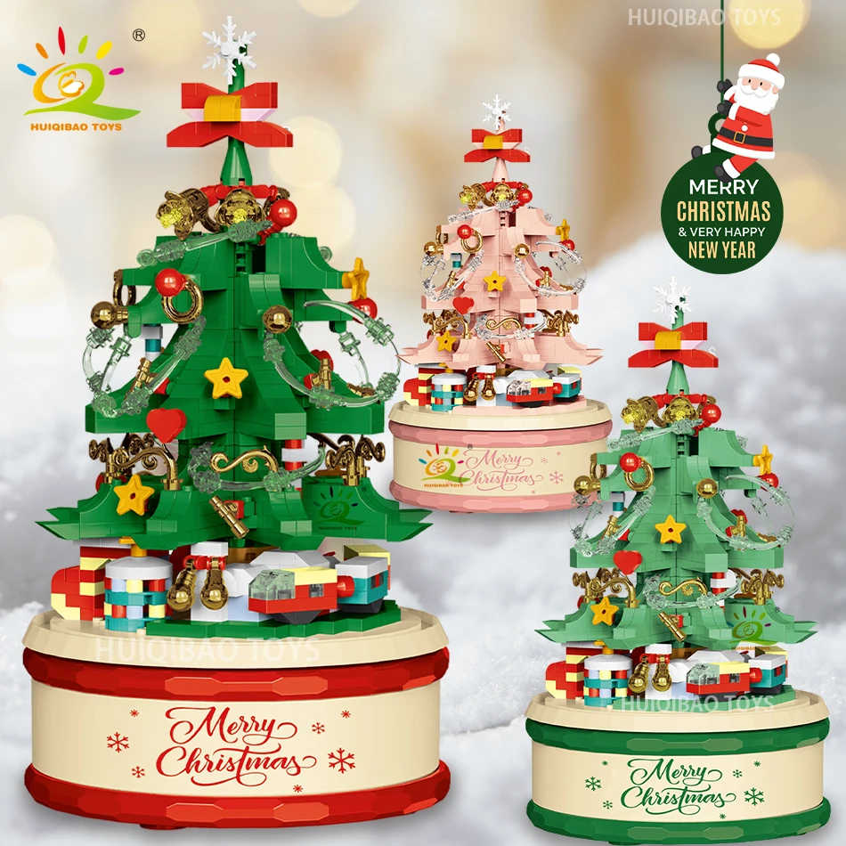 HUIQIBAO Children Christmas Tree Santa Claus Mini Music Box Model Micro Bricks Building Block DIY Bricks Toys for Adult Gift