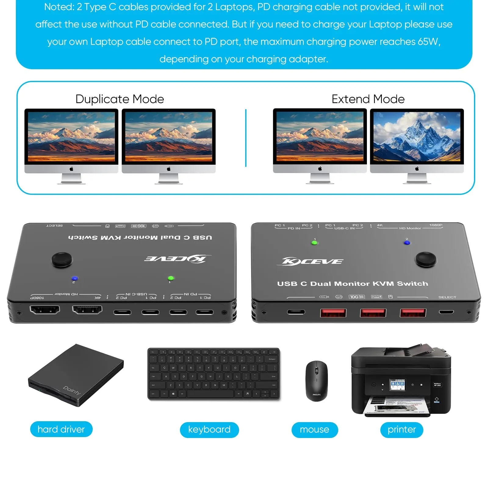 محول USB C KVM 3/2 شاشات 2 كمبيوتر محمول 4K/1080P@60 هرتز، محطة إرساء USB-C شاشة ثلاثية/مزدوجة KVM مع 4 منافذ USB 3.2 #2