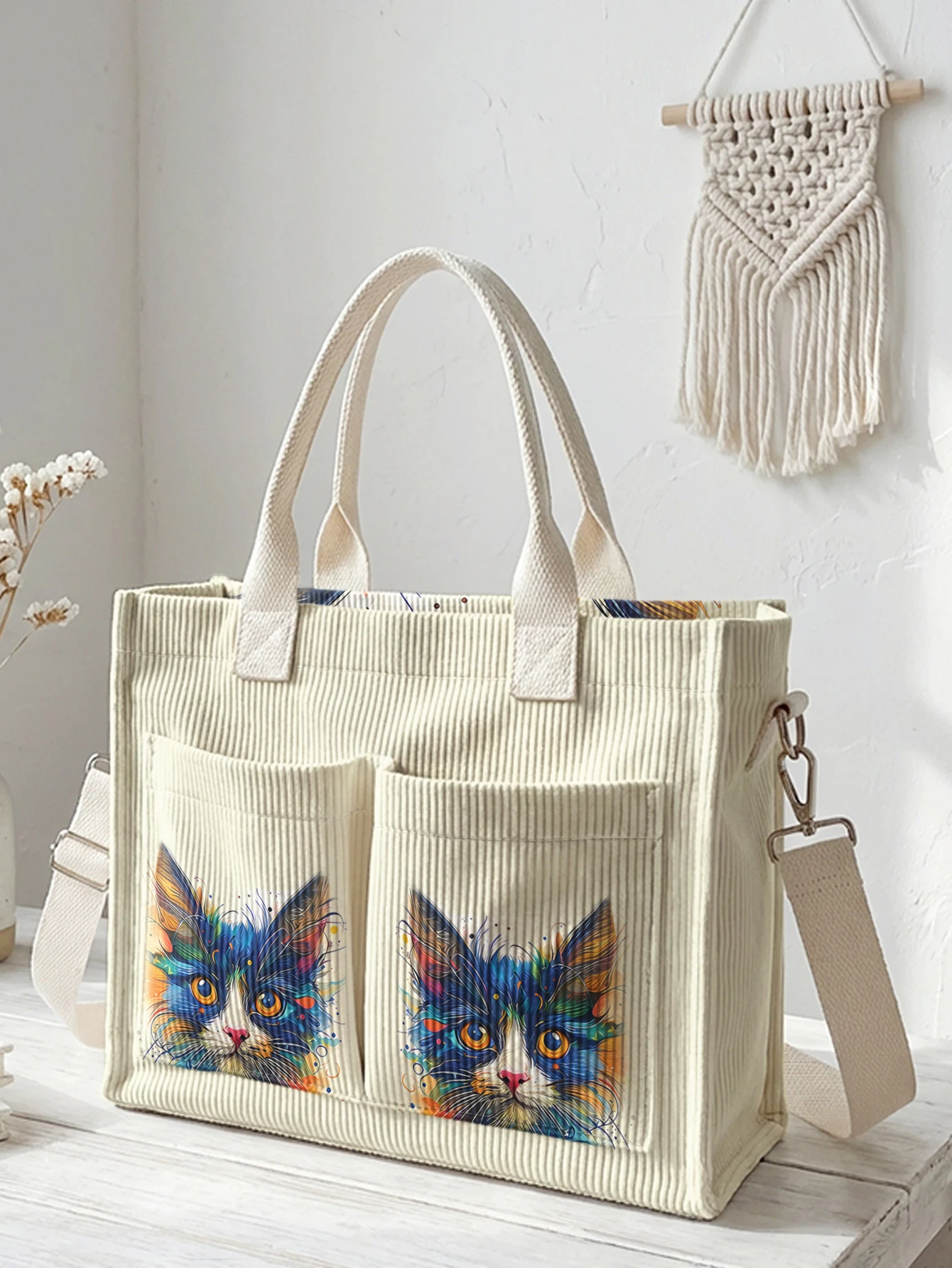 

Красочная художественная сумка-тоут из вельвета с принтом кошек, большая вместительная сумка через плечо с множеством карманов для поездок на работу