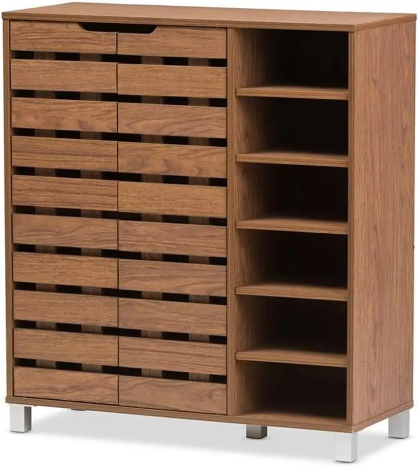 Baxton Studio Eloise Modern & Contemporary Beech Wood 2 Door Shoe Cabinet with Open Shelves, Walnut