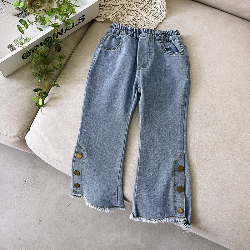 Fashion Girls\' Jeans 2023 Spring New Children\'s Slim Flare Pants Korean Kids Baby Side Split Elastic Denim Trousers 2-7Y