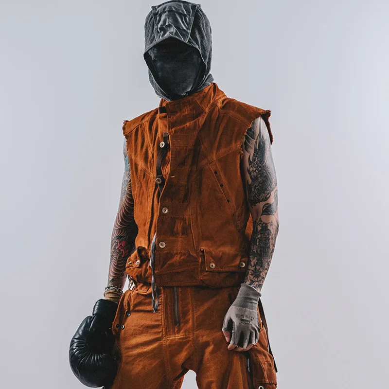 HKSH Summer New Men Rivet Geometric Cut Dirty Washed Waste Land Vintage Waistcoat Fashion Punk Cotton Chic Ins Vest Coat HK26554