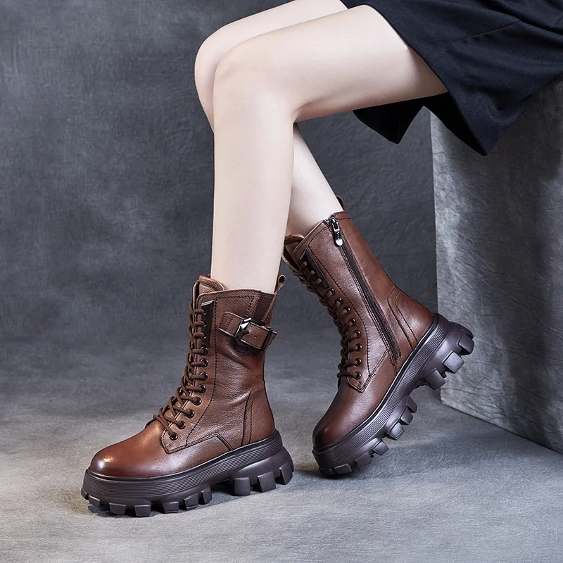 Top layer cowhide 2025 autumn and winter women's shoes casual thick soled sponge cake shoes boots long tube boots for women