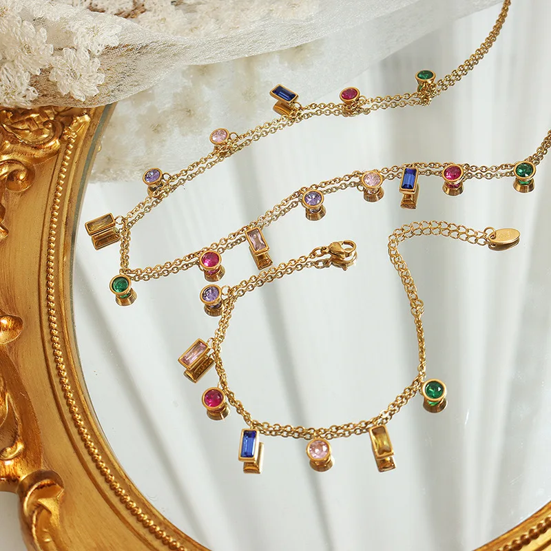 GANEMLY 2024 New Fashion Colorful Crystal Pendant Necklace For Women Elegant Neck Chain Waterproof Stainless Steel Jewelry Gift