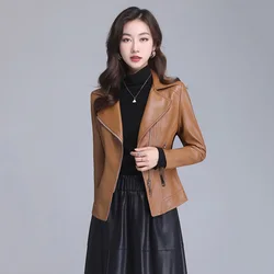 Nouveau Femmes Veste de cuir Printemps Automne Mode Col tailleur Maigrir Manteau de motard Vêtements d'extérieur en cuir fendu Peau de mouton Vêtement de rue