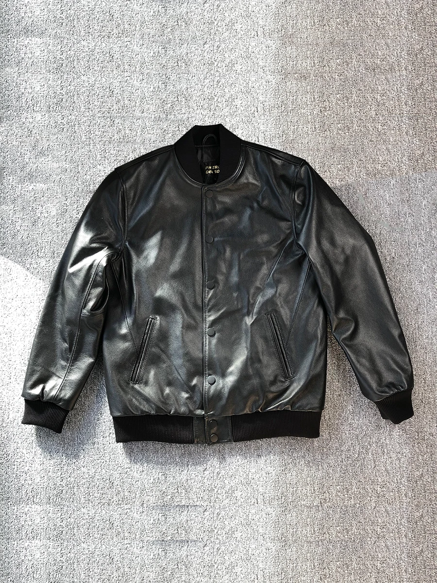 Autumn Winter Men's Genuine Leather Jacket Stand Collar Long Sleeve Baseball Coat Pure Top Layer Cowhide Warm Casual Coat