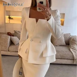 TWOTWINSTYLE Two Piece Set for Women Square Neck Long Sleeve Spliced Button Coat High Waist Skirts Chic Sets Female New