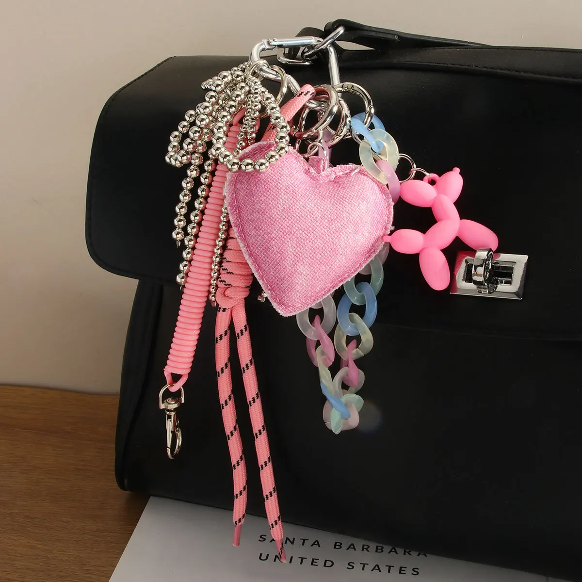 Leather Sweet Heart Pink Bow Keychain Colorful Hand Braided Beaded Rope Roman Knot Keychain Bag Pendant Charms for Women