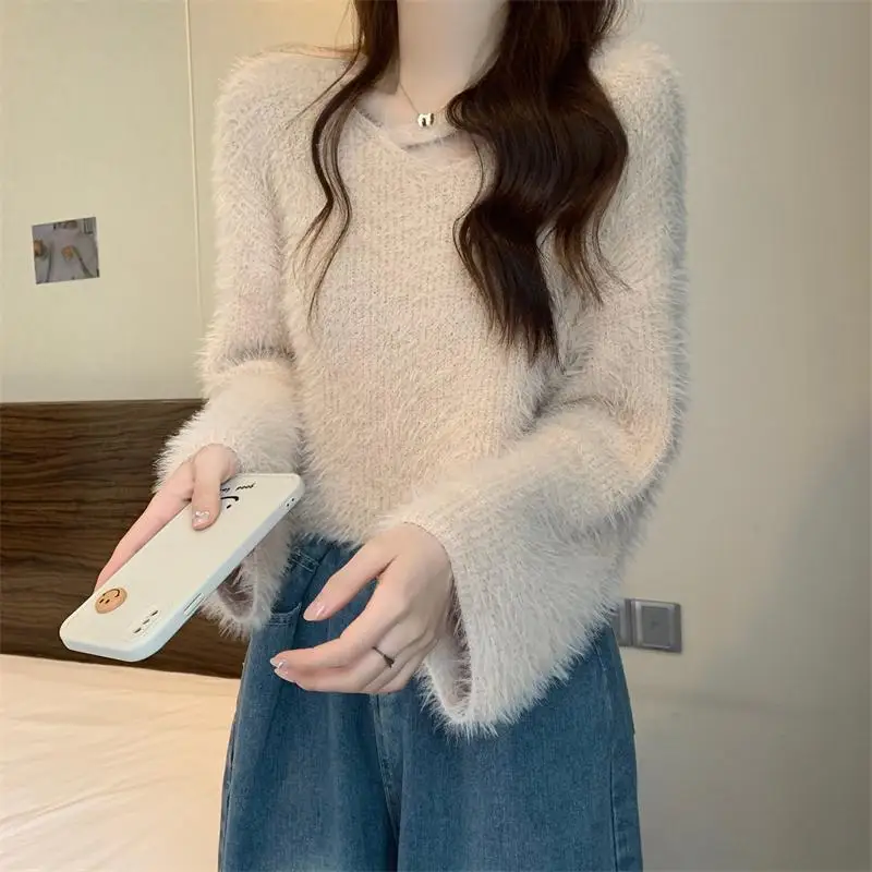 Soft Imitation Mink Fur Sweater Women\'s Knitted Sweater for Autumn Winter 2024 New Design Sense Loose and Short Style Pullovers