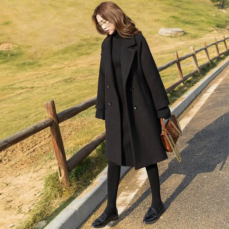 Black Woolen Coat Women's Mid Length New Style Hepburn Style Slimming and Thick Woolen Coat