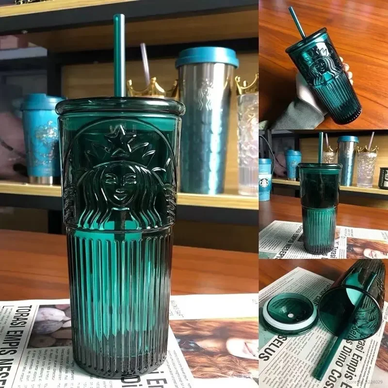 green color Mermaid print straw cup drinkware Large capacity 550ml Lead-free glass cups with lid and straw