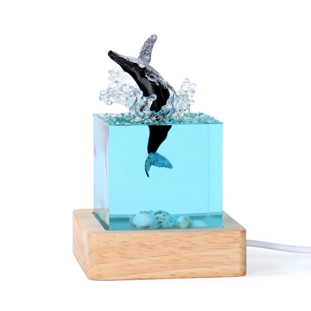 Lampe de Table en Résine en Forme de Cube, 5cm, Décoration Artistique Créative, Organisme Marin, Thème Requin Baleine, Veilleuse, Charge USB